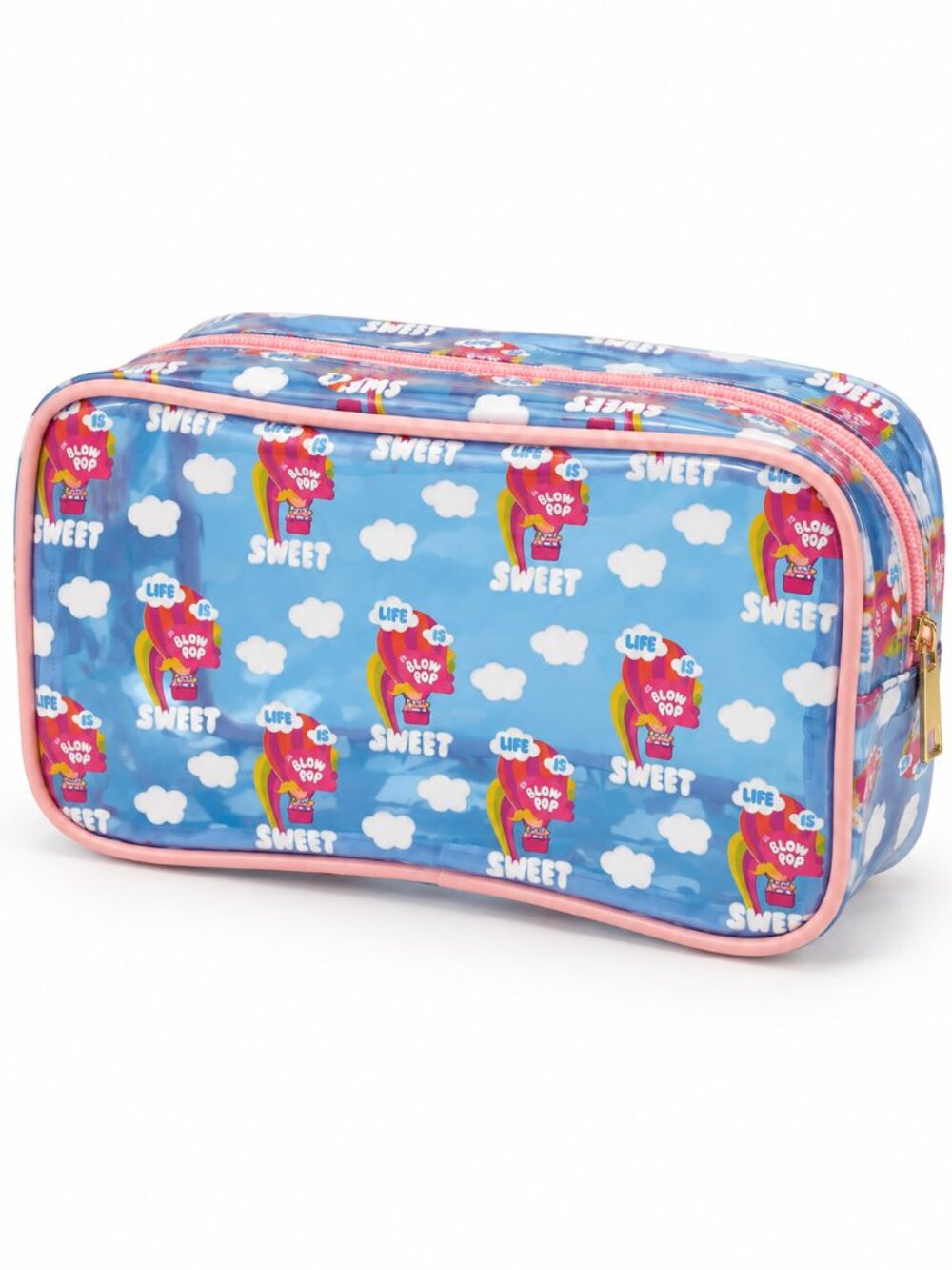 Mad Engine Charms Blow Pop Cosmetic Bag Blue Pink Zip Travel Pouch